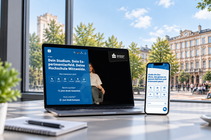 Website der Hochschule Mittweida auf Laptop und Smartphone mit Campus im Hintergrund