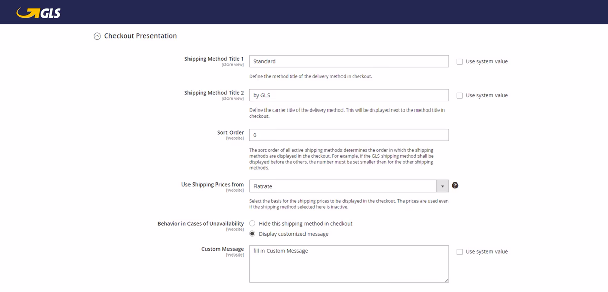 GLS Admin Panel checkout presentation