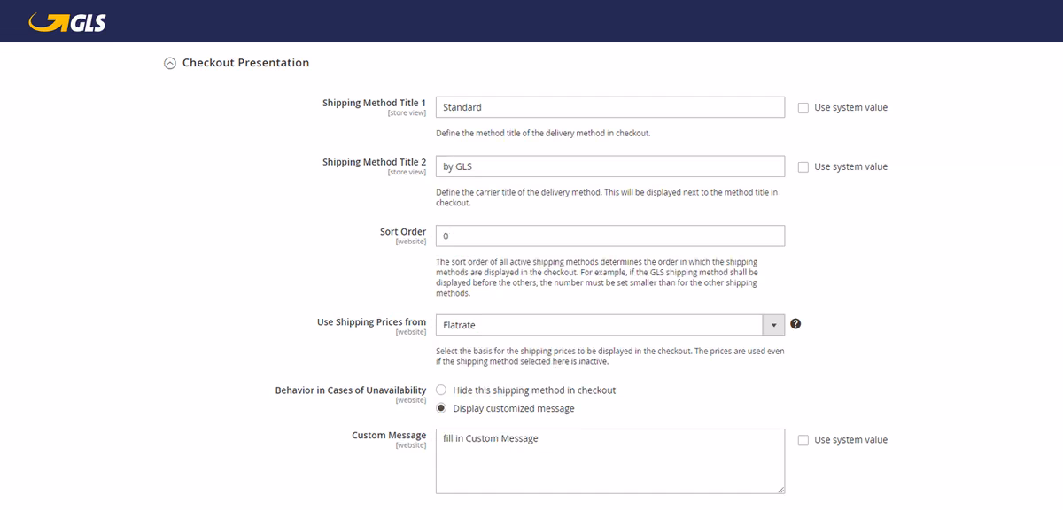 GLS Admin Panel checkout presentation