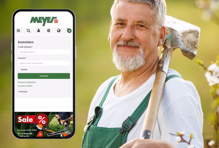 Case Study Hermann Meyer KG: Handyansicht des neuen Onlineshops und im Hintergrund zufriedener G&auml;rtner mit Spaten &uuml;ber der Schulter