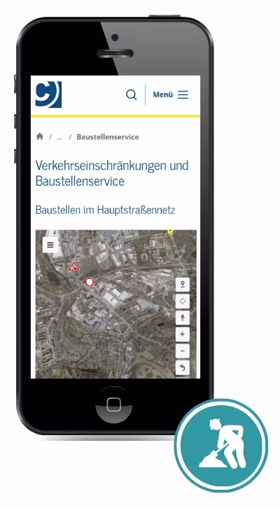 Handydisplay zeigt Baustellensuche der Webseite Chemnitz.de