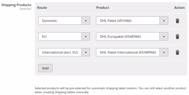 Deutsche Post DHL Shipping europaket default setting