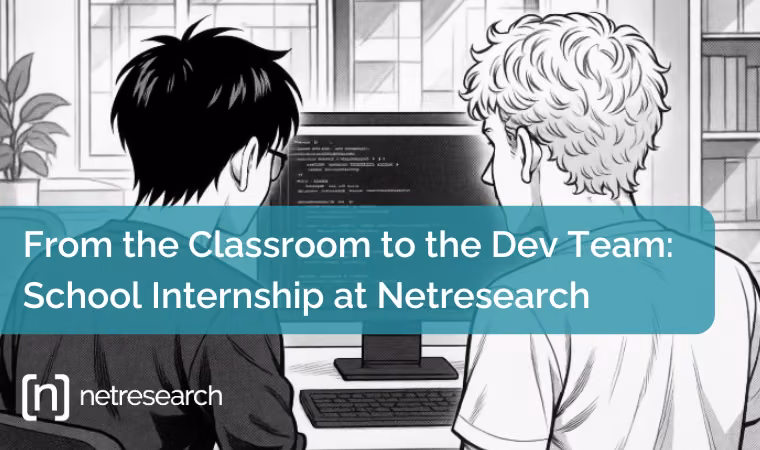 Netresearch blog article image: “From the Classroom to the Dev Team: School Internship at Netresearch” – background shows a black-and-white comic-style drawing of two boys looking at a computer screen with visible code.