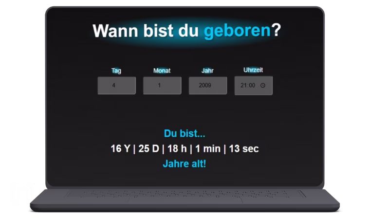 Screenshot der Website der Schülerpraktikanten - die Funktion Datumsrechner in Aktion