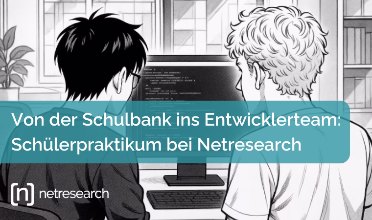 Teaserbild für Netresearch Blogartikel | Text: Von der Schulbank ins Entwicklerteam: Schülerpraktikum bei Netresearch; Bild: Zwei Jungen vor einem PC-Bildschirm, Bildschirm zeigt Codezeilen, Mangastyle in schwarz-weiß