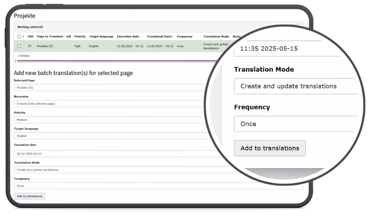 Screenshot Extension autotranslate - Bereich: "Zu Übersetzungen hinzufügen"