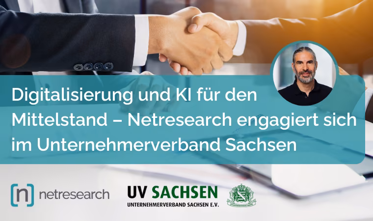 Teaserbild Blogartikel Netresearch: Text "Digitalisierung und KI für den Mittelstand – Netresearch engagiert sich im Unternehmerverband Sachsen", Portraitfoto Thomas Fleck